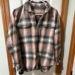 Pink, olive, and cream button down flannel